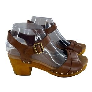UGG Brown Leather Heeled‎ Sandals Wooden Clogs Buckle Accents Women's 9 Retro